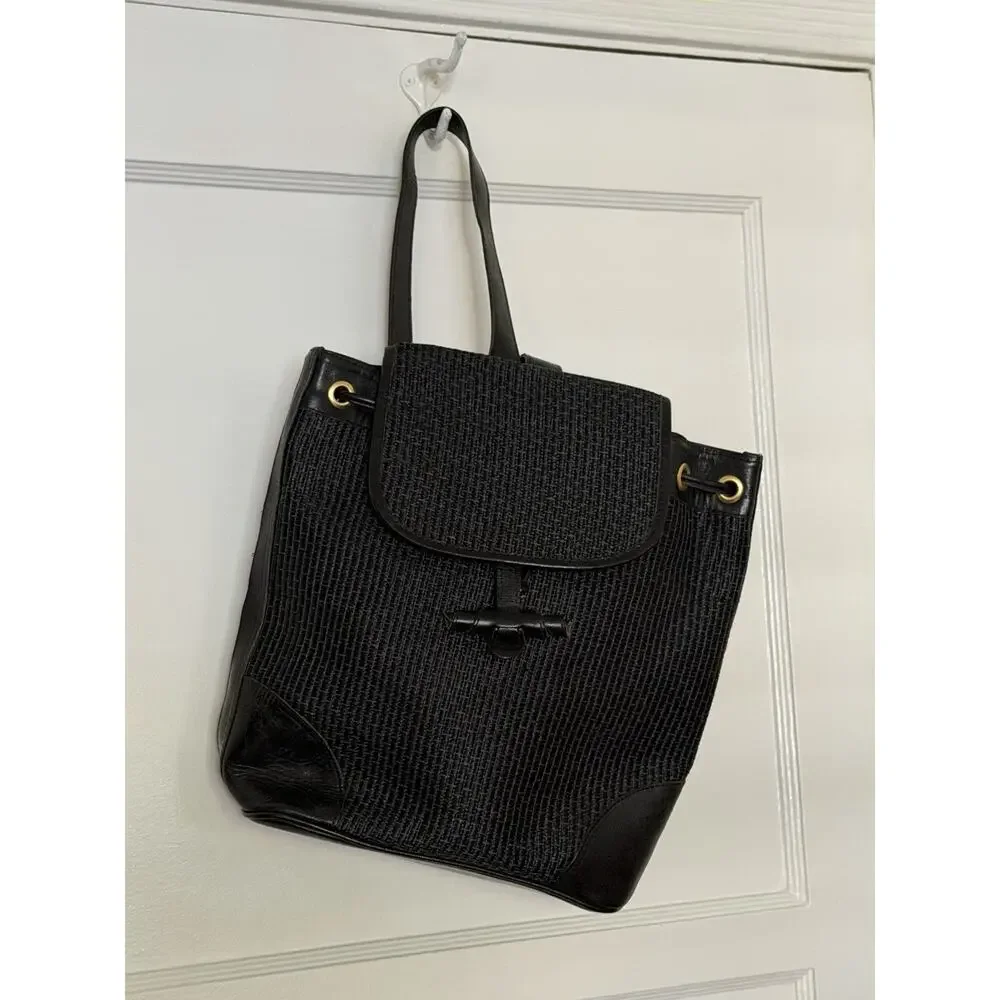 VINTAGE Cee Klein Accessories Woven Black Leather Raffia Backpack New Tags 90